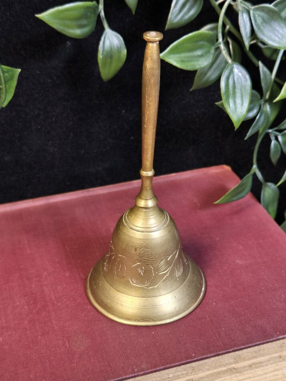 Engraved Brass Hand Bell Long Handle Floral Leaf Design - Vintage